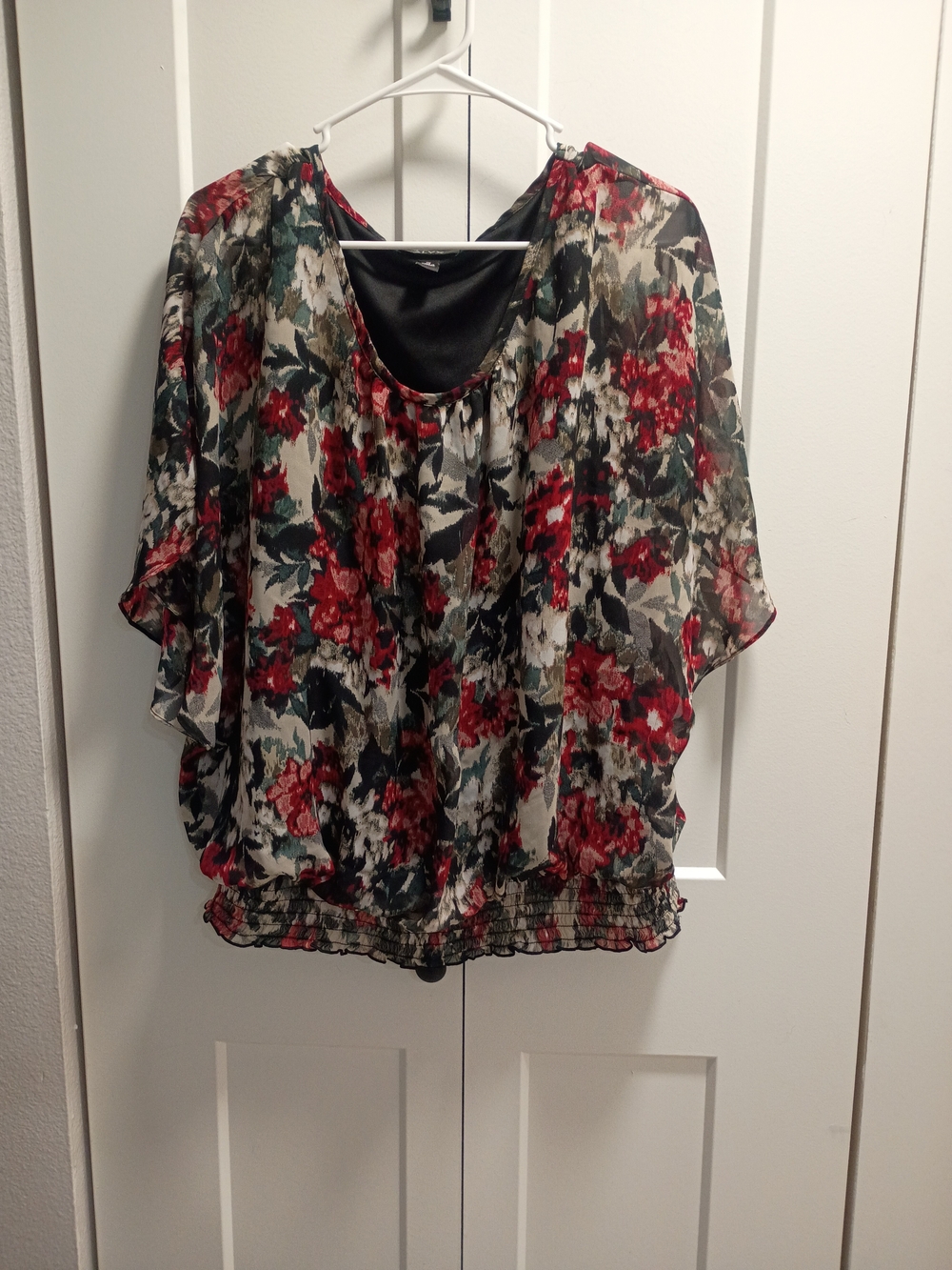 Alyx Sheer Floral Blouson Top in Red, Black and Cream